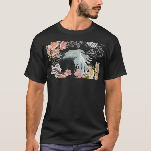 flying white Sandhill Crane Bird Japanese style ar T-shirt (Voorkant)