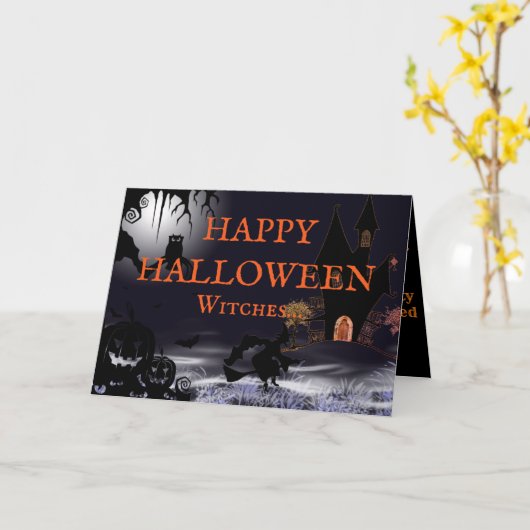 Flying Witch and Castle Happy Halloween Kaart (Gele Bloem)