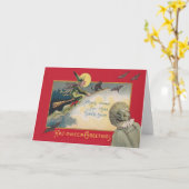 Flying Witch Black Cat Bat Full Moon Kaart (Gele Bloem)