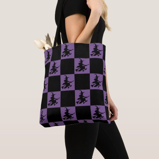 Flying Witch Black & Purple Checkered Tote Bag (Dichtbij)