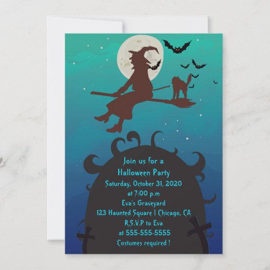 Flying Witch en Cat Halloween-feestuitnodiging Kaart (Voorkant)