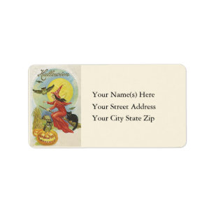 Flying Witch en Uilen Halloween Adreslabel Etiket