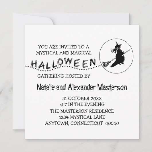 Flying Witch Halloween Party Invite, White Kaart (Voorkant)