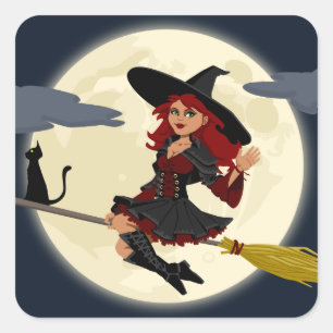 Flying Witch met Broom en Black Cat Vierkante Sticker