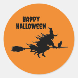 Flying Witch op Broom & Cat Classic Ronde Stickers