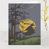 Flying Witch Silhouette Volle Maan Spiderweb Kaart (Gele Bloem)