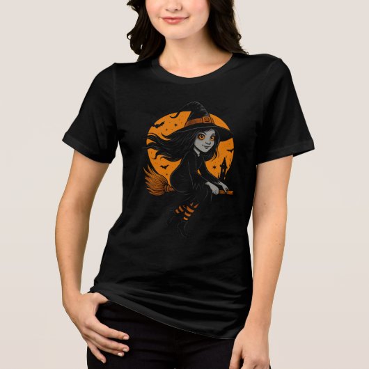 Flying Witch with Orange Moon Art Tri-Blend Shirt (Voorkant)