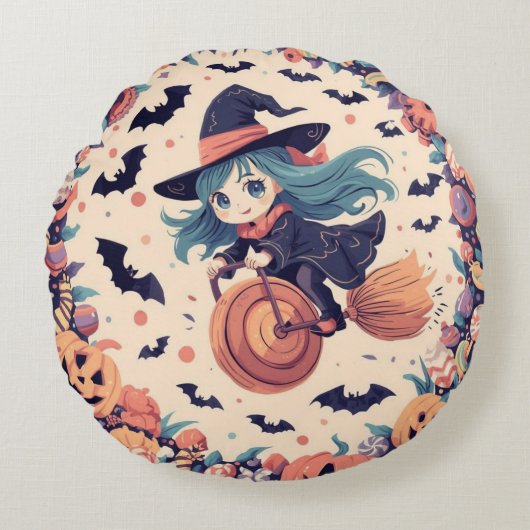 Flying Witch with Pumpkins Round Pillow Rond Kussen (Voorkant)