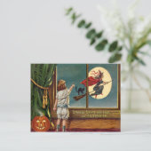 Flying Witch Zwarte Kat Ful Maan Pompoen Briefkaart (Staand voorkant)