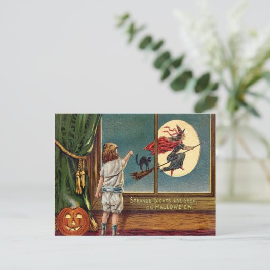 Flying Witch Zwarte Kat Ful Maan Pompoen Briefkaart (Staand voorkant)