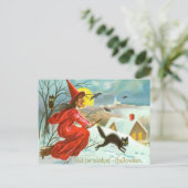 Flying Witch Zwarte Kat Uil Bat Sneeuw Briefkaart (Staand voorkant)