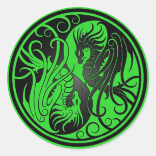 Flying Yin Yang Dragons - groen en zwart Ronde Sticker