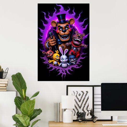 FNAF Animated Characters Gathering with Purple Poster (Thuiskantoor)