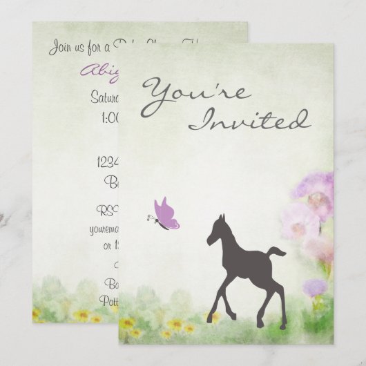 Foal and Butterfly Horse Baby shower uitnodiging (Voorkant / Achterkant)