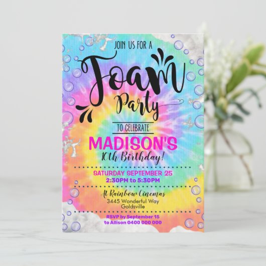 Foam Party Uitnodiging Meisje Rainbow Foam Invite (Staand voorkant)