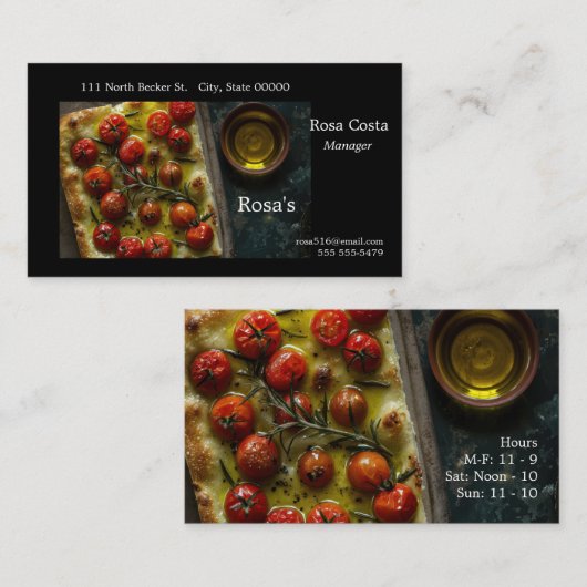 Focaccia met kerstomaatjes van bovenaf visitekaartje (Voorkant / Achterkant)