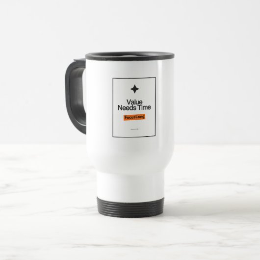 Focus Long Travel Mug | Waarde Heeft Tijd Design Reisbeker (Voorkant links)