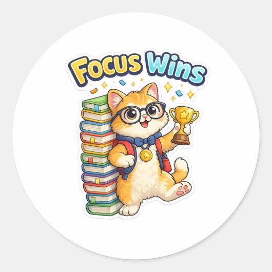 Focus Wins Cute Study Cat Sticker (Voorkant)