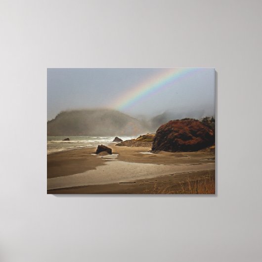 Fog en regenboog op de rivier de Oregon Canvas Afdruk (Voorkant)