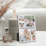 Fog Gray Stripe Photo Collage Fotoplaat<br><div class="desc">Het grafische plaatje van de fotocollage kenmerkt zes vierkante foto's (2 groot,  4 klein) die in een roosterlay-out met een mist grijze band die door het centrum lopen. Personaliseer met uw douanetak,  familienaam,  en/of jaar. Ideaal voor het weergeven van uw fotografieportfolio of schat aan familiefoto's.</div>