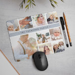 Fog Gray Stripe Photo Collage Muismat<br><div class="desc">De grafische foto collage mousepad toont negen favoriete foto's in een vierkant formaat, met uw familienaam, bedrijfsnaam of keus van verpersoonlijking die op een dunne band van mist grijs wordt getoond.</div>
