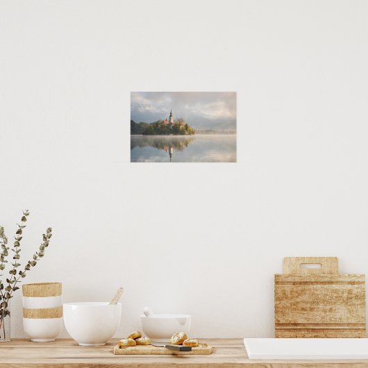 Foggy Bled Lake sunrise poster (Keuken)