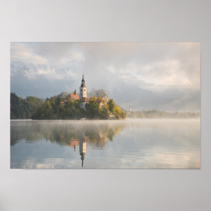 Foggy Bled Lake sunrise poster