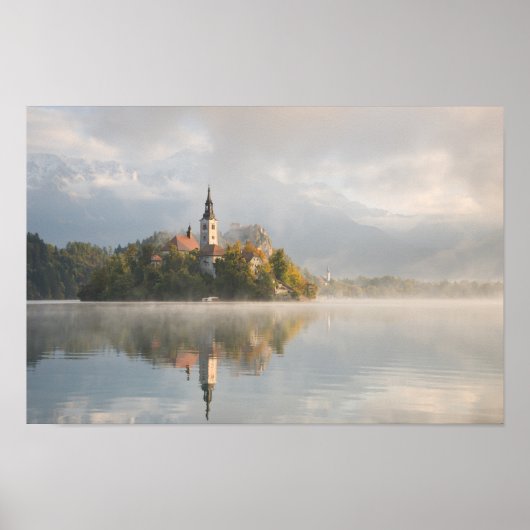 Foggy Bled Lake sunrise poster (Voorkant)