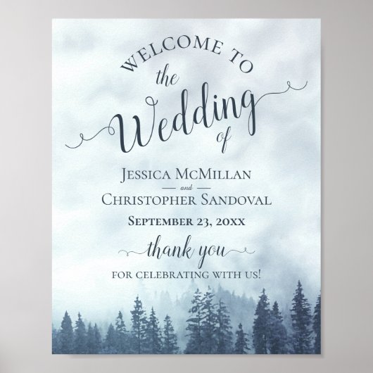Foggy Blue Pine Forest Rustic Wedding Welcome Sign Poster (Voorkant)