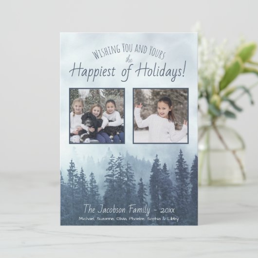 Foggy Blue Pine Trees 2 Foto Rustieke Waterverf Feestdagenkaart (Staand voorkant)