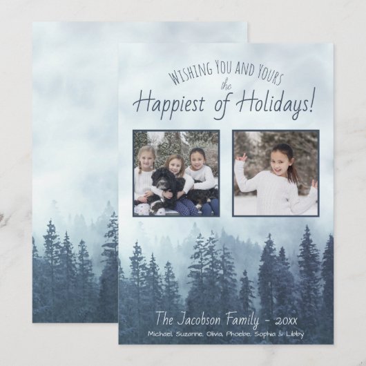 Foggy Blue Pine Trees 2 Foto Rustieke Waterverf Feestdagenkaart (Voorkant / Achterkant)