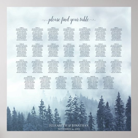 Foggy Blue Pines 27 Table Wedding Seating Chart Poster (Voorkant)