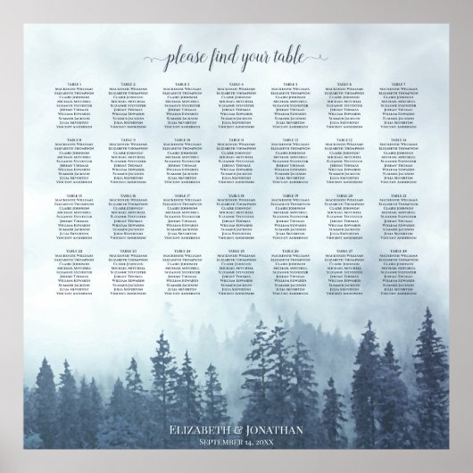 Foggy Blue Pines 28 Table Wedding Seating Chart Poster (Voorkant)