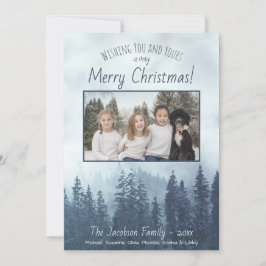 Foggy Blue Pines Foto Rustieke Waterverf Kerst Feestdagenkaart