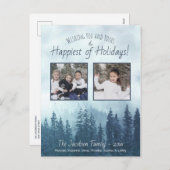 Foggy Blue Pines Rustic Waterverf 2 Foto Feestdagenkaart (Voorkant / Achterkant)