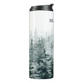 Foggy Forest dennenbomen gepersonaliseerde naam Thermosbeker (Gedraaid links)