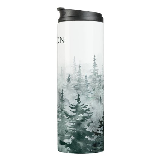 Foggy Forest dennenbomen gepersonaliseerde naam Thermosbeker (Geroteerd rechts)