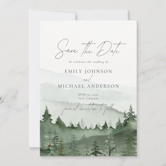 Foggy Forest Pine Tree Save the Date CARD Kaart (Voorkant)