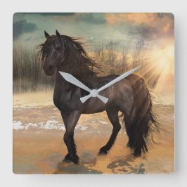 Foggy Friesian Morning - Paard Vierkante Klok