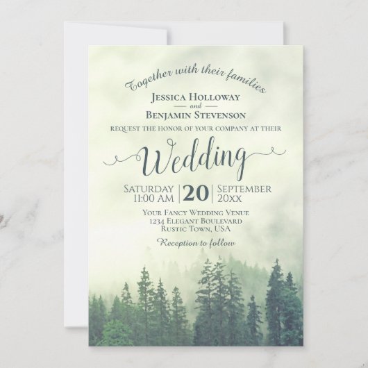 Foggy Green Mountain Pines Rustic buitenshuis Wedd Kaart (Voorkant)