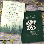 Foggy Green Mountain Pines Rustic QR Code Weddensc Kaart<br><div class="desc">Deze prachtige huwelijksuitnodiging heeft een rustige maar elegante stijl met lacy script kalligrafie op een waterverf achtergrond van groene bergdenbomen die in mist zijn gehuld. De kleuren zijn een verscheidenheid van groene, witte en bleke gouden tinten, die deze uitnodiging perfect maken voor een openlucht-, wildernis- of houtceremonie. De rug heeft...</div>