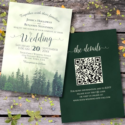 Foggy Green Mountain Pines Rustic QR Code Weddensc Kaart