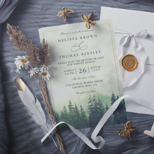 Foggy Green Mountain Pines Rustic QR Code Wedding Kaart