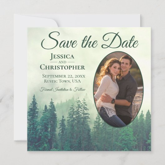 Foggy Green Mountains Rustic Oval Photo Weddenscha Save The Date (Voorkant)