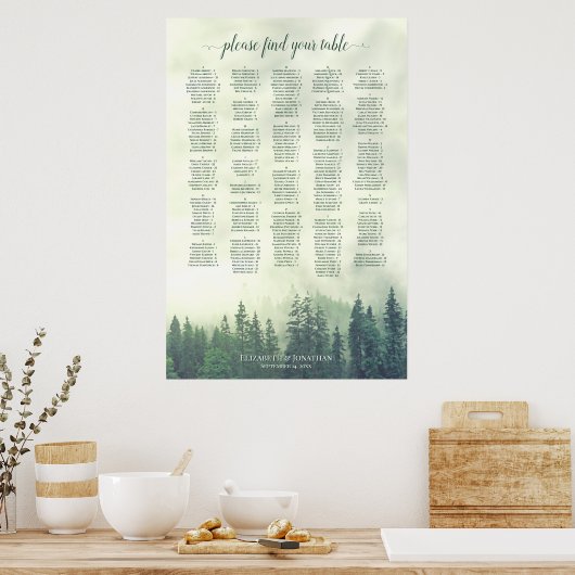 Foggy Green Pine Forest Alfabetical Seating Chart Poster (Keuken)