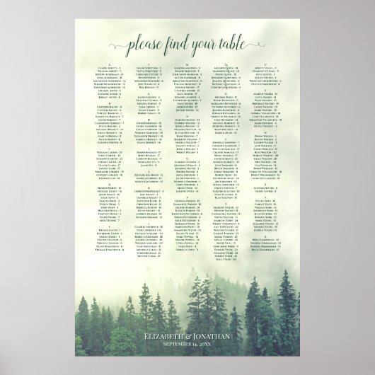 Foggy Green Pine Forest Alfabetical Seating Chart Poster (Voorkant)