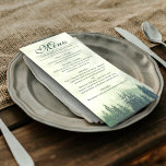 Foggy Green Pine Trees Rustic Elegance Wedding Menu<br><div class="desc">Dit trouwmenu is eenvoudig,  bijtend en elegant. Het is voorzien van een fancy scriptkalligrafie-titel met een bosgrond met groene dennenbomen in de bergen die in nevel of mist zijn gehuld. De achterkant is een diep gemarmerde bosgroene kleur. Ideaal voor een buitenreceptie.</div>