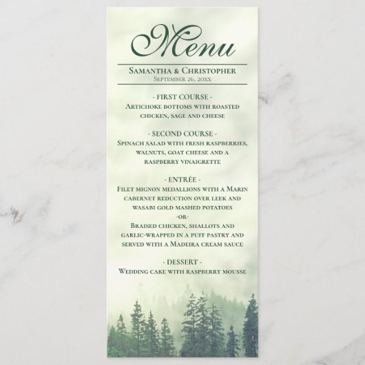 Foggy Green Pine Trees Rustic Elegance Wedding Menu (Voorkant)