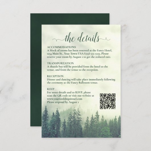 Foggy Green Pine Trees Wedding Details QR Code Informatiekaartje (Voorkant / Achterkant)