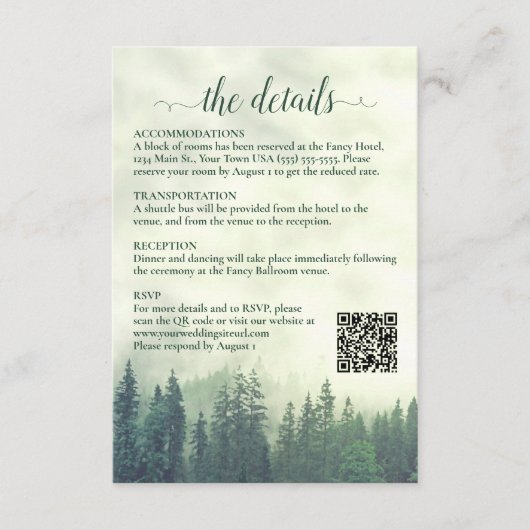 Foggy Green Pine Trees Wedding Details QR Code Informatiekaartje (Voorkant)